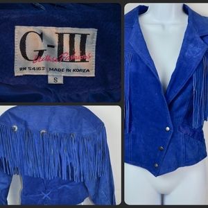 90s G-III Leather Blue Tassel Cropped Jacket Small